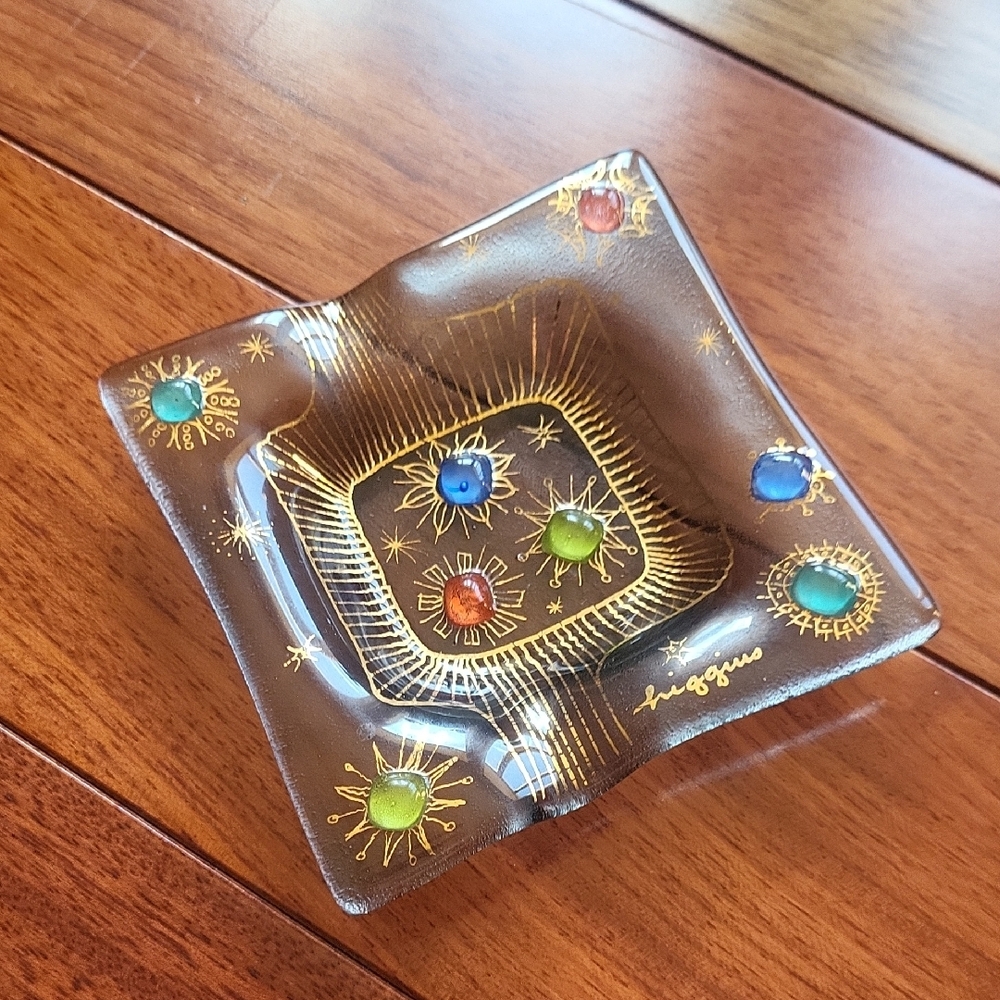 Vintage Higgins Barbaric Jewels Fused Glass MCM Ashtray Trinket Dish Collectible